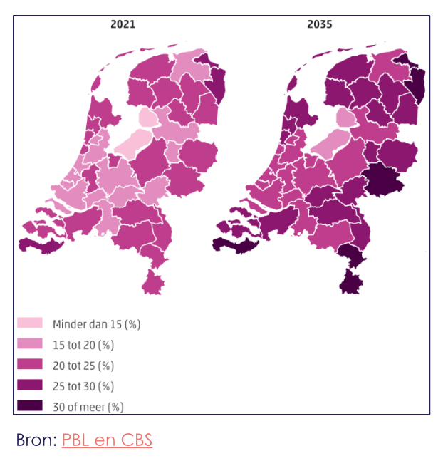 Kaart met vergrijzingscijfers bron: CBS